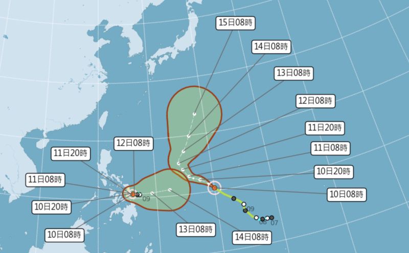 ▲今年第二號颱風「梅姬」（圖左圓圈）上午8時生成，未來預估將與馬勒卡颱風產生藤原效應，應不會直接影響台灣陸地天氣。（圖／翻攝中央氣象局官網）