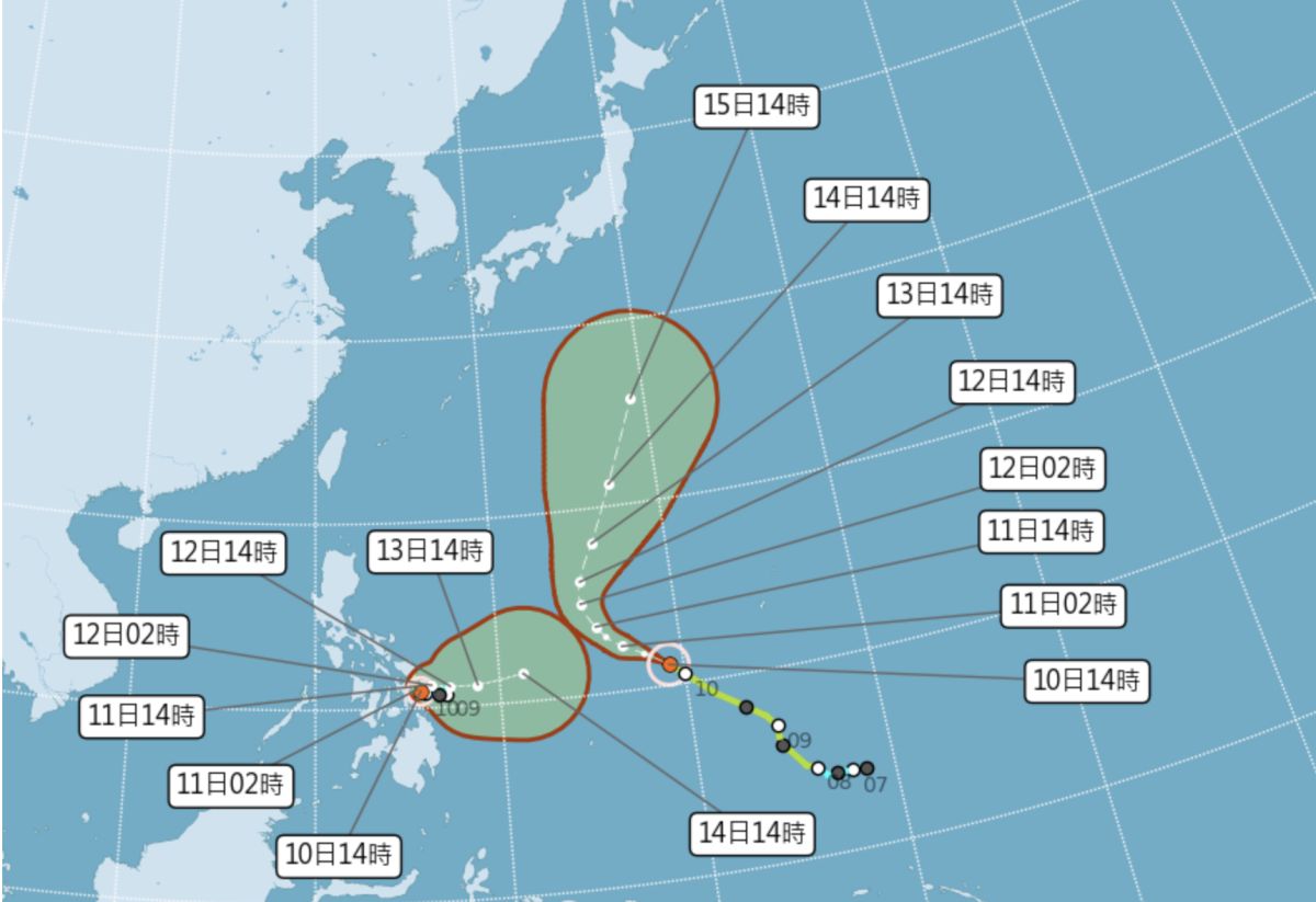 ▲梅姬颱風（左）與馬勒卡颱風產生「藤原效應」，未來將併入馬勒卡颱風環流。（圖／翻攝中央氣象局官網）