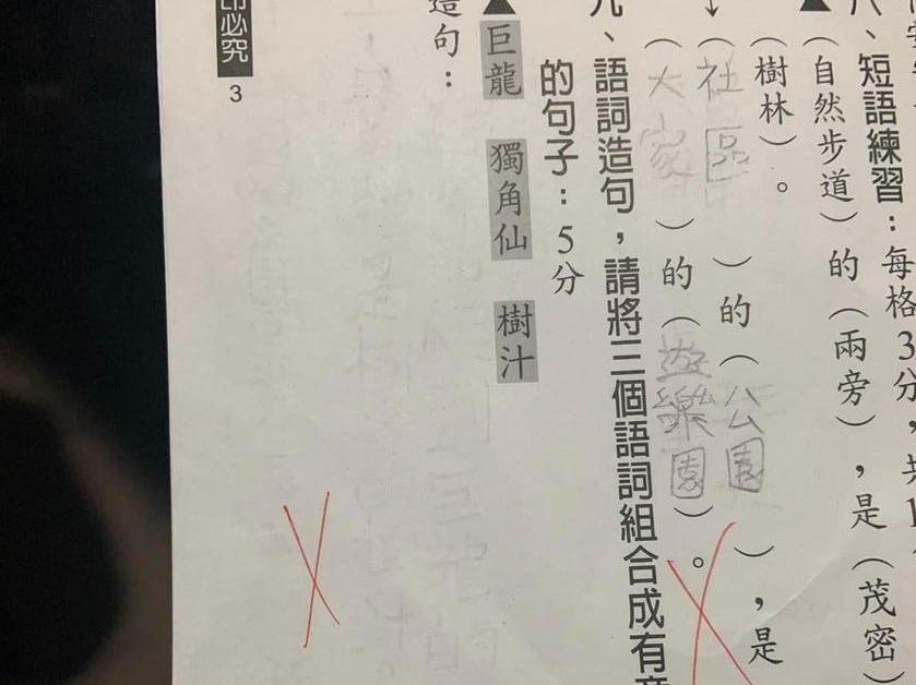 ▲國小四年級的考題，請用「巨龍、獨角仙、樹汁」造句。（圖／截取自《爆廢公社》）