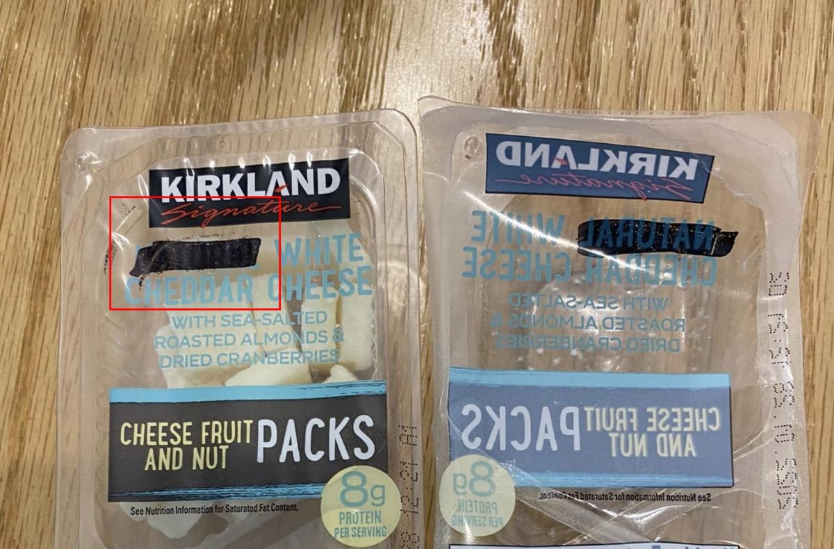 ▲網友分享自己去好市多購買堅果起司，結果發現包裝上都會用麥克筆塗黑某個部分。（圖/好市多商品經驗老實說）