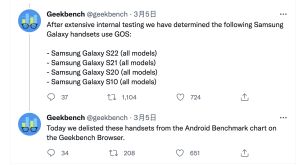 ▲Geekbench測試後也發現GOS使S22的處理器。(圖／翻攝推特)