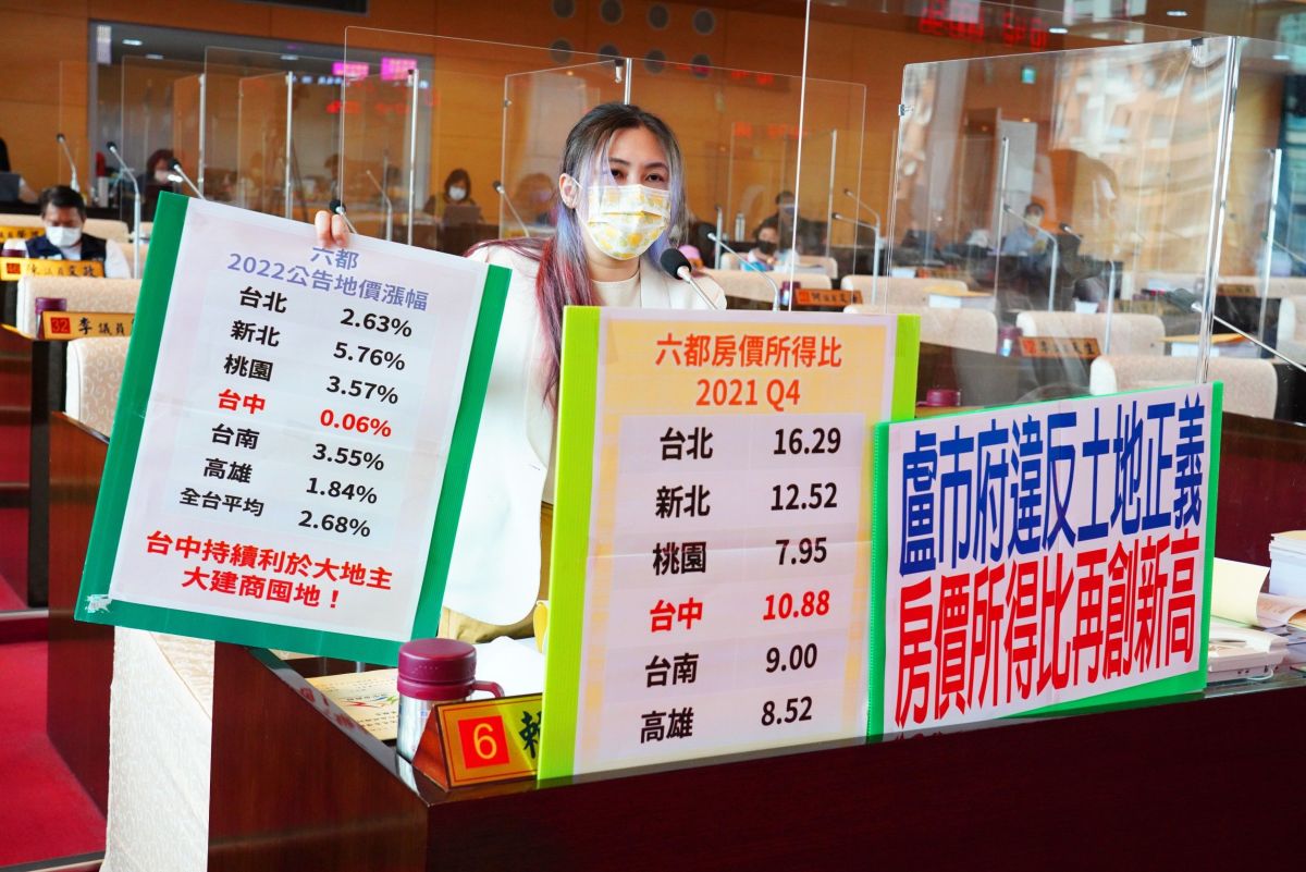 ▲議員賴佳微表示，台中市房價所得比再攀新高，在台中置產快要變成11年不吃不喝才買得起。(圖／柳榮俊攝2022.4. 14)