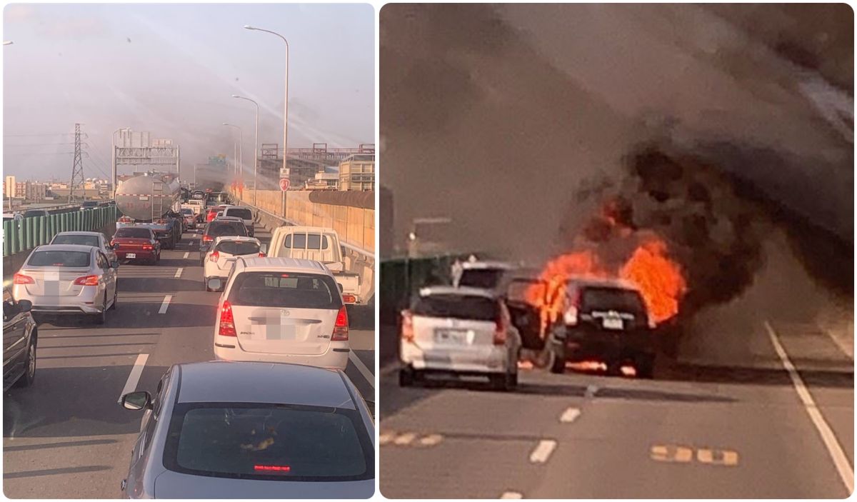▲台61線西濱快速道路今（15）早7點多發生4車追撞連環車禍，其中一輛轎車還疑似因受到撞擊後起火燃燒。（圖／翻攝自記者爆料網）