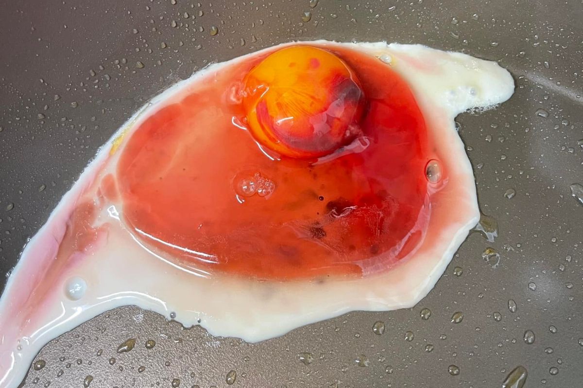 ▲原PO敲開雞蛋，卻流出整片鮮紅。（圖／取自《爆怨公社》）