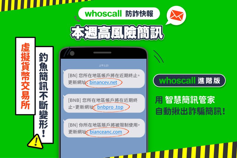 ▲小心受騙！Whoscall 提醒假冒虛擬貨幣交易所釣魚簡訊持續變形。(圖／廠商提供)