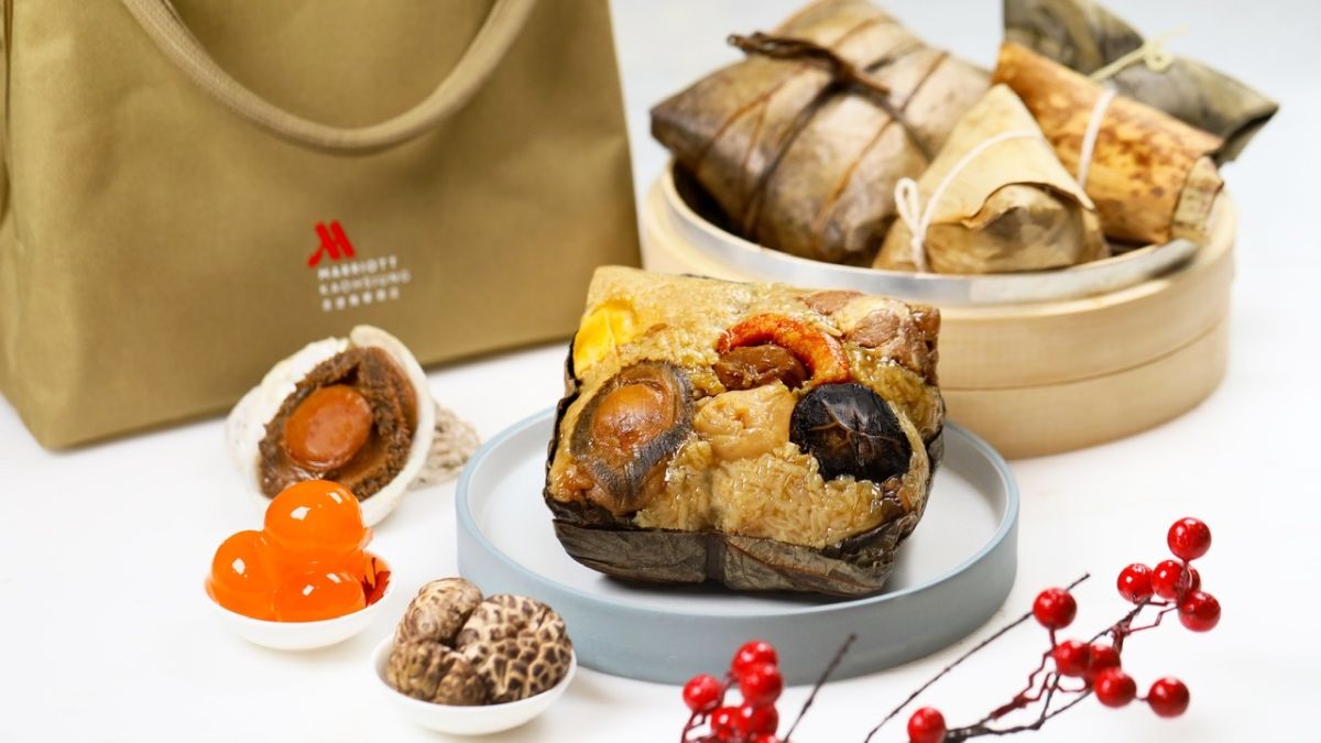 ▲皇豪中餐廳推出四種不同風味粽子，分別為正哥鮑魚粽、陳年梅菜黑豚粽、姬松茸蟲草花粽、松子抹茶紅豆粽。（圖／高雄萬豪酒店提供）