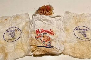 ▲羅伯在浴室挖出的麥當勞薯條，外包裝商標與現今的不同，網友推估至少有60多年的歷史。（圖／翻攝自Reddit用戶slamminsammy2109）