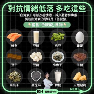 ▲營師師列出，富含色胺酸的食物。（圖／取自《營養師Feibi》臉書）