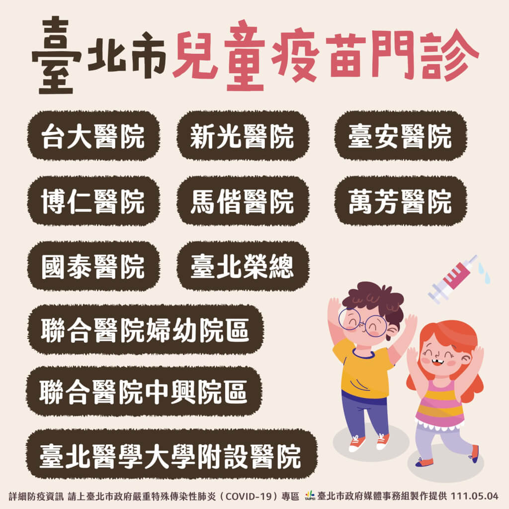 ▲ 台北市的台大、馬偕、榮總、聯醫等11家醫院開設兒童疫苗特別門診。（圖／台北市政府）