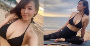 ▲51歲的日本阿姨在海邊穿比基尼做瑜伽，傲人上圍一覽無遺，也辣暈許多網友。（圖／翻攝自IG@rurico37）