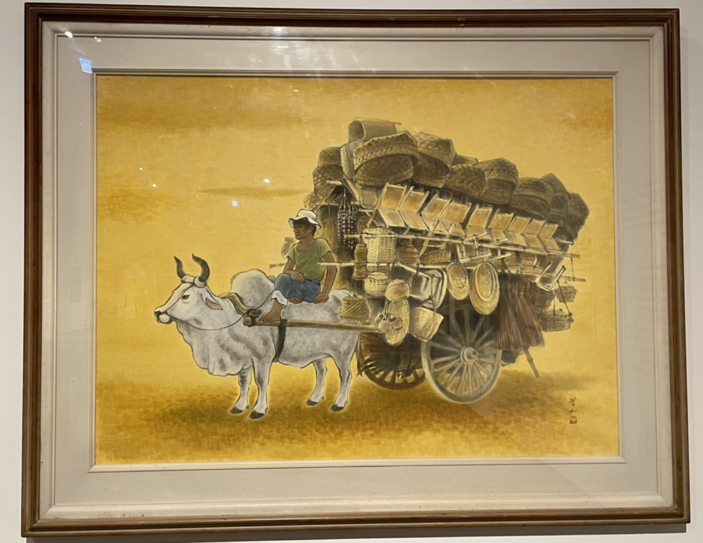 ▲蔡草如作品「滿載」，呈現暮色中與老牛一同返家的農人，臉上掛著疲憊而滿足的笑容（圖／記者林怡孜攝，2022,05,05）