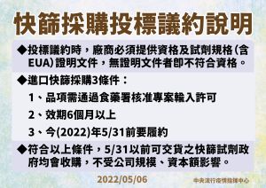 ▲快篩試劑採購投標議約說明。（圖／中央疫情指揮中心）