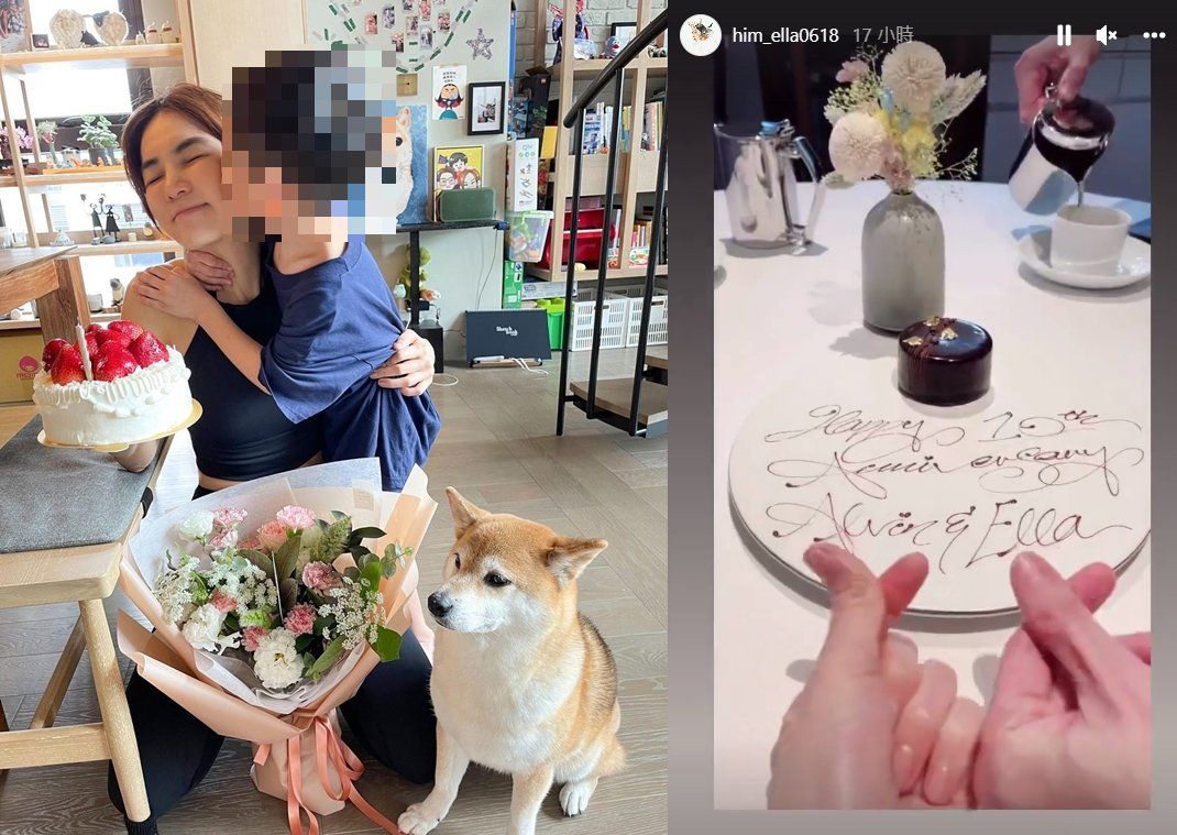 ▲Ella曬出和老公慶祝結婚10週年，與兒子親吻她臉頰的照片。（圖／翻攝Ella IG）