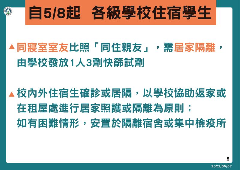 ▲同寢室室友比照同住家人原則,會被匡列、進行居家隔離。(圖/指揮中心提供)