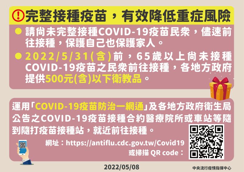 ▲呼籲完整接種疫苗,可有效降低重症風險。(圖/指揮中心)