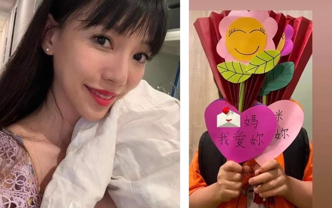 ▲相隔逾３個月，李靚蕾（左）母親節再發聲，爆淚收小孩獻花和祝福手寫卡。翻攝李靚蕾IG