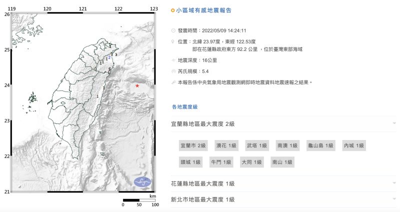 ▲今天下午2時23分花蓮外海發生芮氏規模6.1強震後，相隔68秒又發生芮氏規模5.4地震，導致民眾感受搖晃時間很長。（圖／翻攝中央氣象局官網）