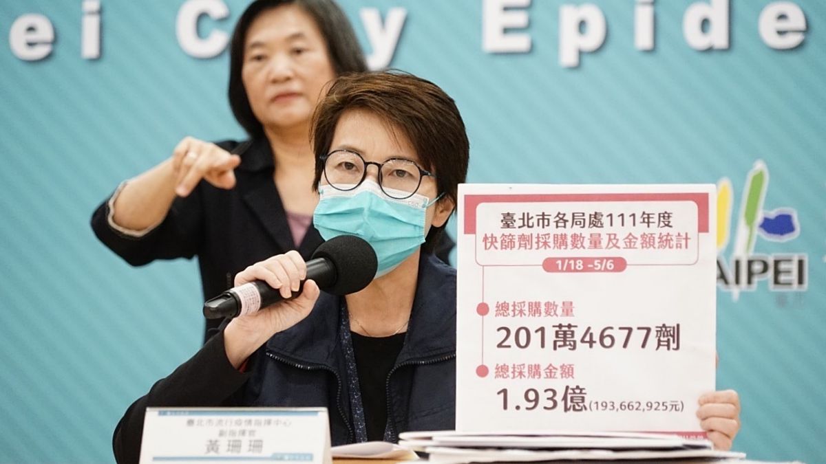 ▲針對外傳北市府從一月到四月僅花費35萬購買快篩一事，台北市副市長黃珊珊9日駁斥，表示北市府至今已經花了1.93億的預算採購201萬劑快篩。（圖／台北市政府提供）