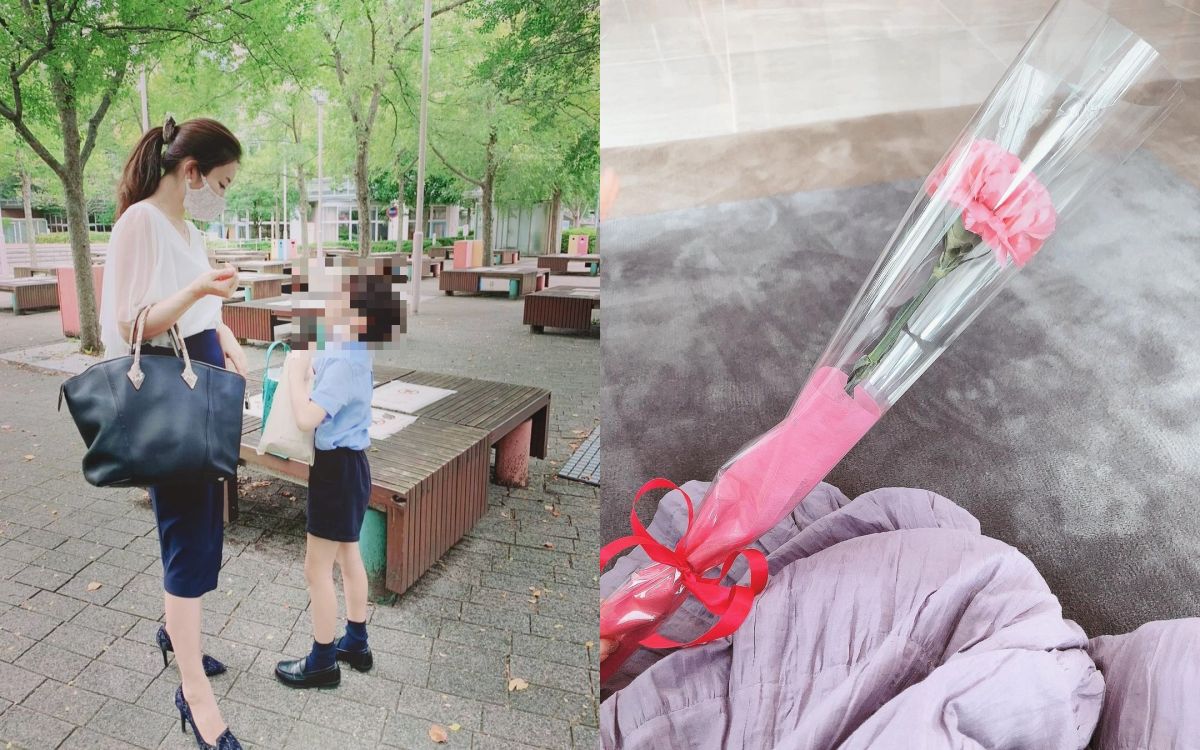 ▲麻衣一人照顧兒子，母親節收到兒子送的花。(圖／翻攝麻衣IG)