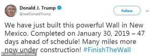 ▲我們剛剛在新墨西哥州築了一道強大的圍牆。在2019年1月30日完成——比預定的提早了47天!還有許多英里正在建造!#完成圍牆(圖/翻攝自推特) ▲我們剛剛在新墨西哥州築了一道強大的圍牆。在2019年1月30日完成——比預定的提早了47天!還有許多英里正在建造!#完成圍牆(圖/翻攝自推特)