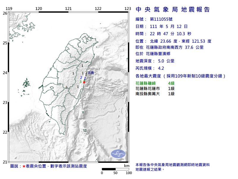 快訊／地牛翻身！花蓮22：47規模4.2地震　最大震度4級
