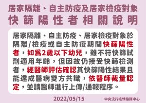 進行居家隔離、自主防疫及居家檢疫的2歲以下幼童快篩陽性可經醫師評估結果進行通報 ▲進行居家隔離、自主防疫及居家檢疫的2歲以下幼童快篩陽性可經醫師評估結果進行通報。(圖/指揮中心)