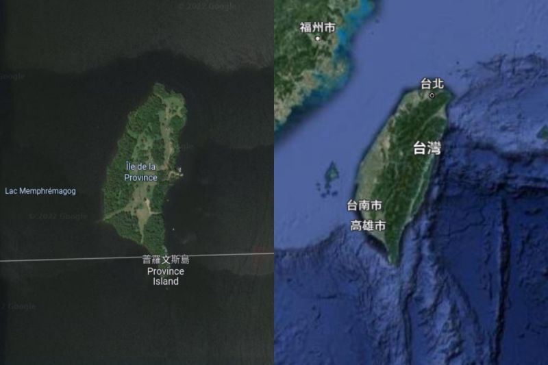 ▲美加邊境一座湖當中的最大島嶼「普羅文斯島Province Island」，外型與台灣相似度極高！（圖／翻攝自Google Maps）