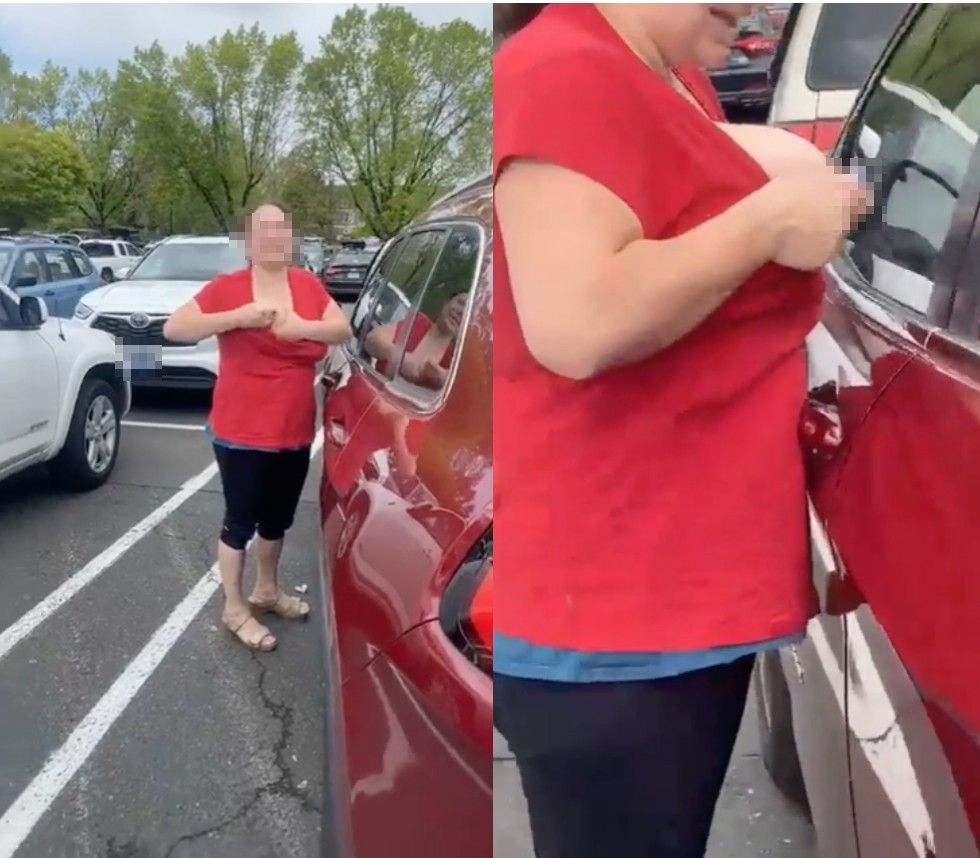 ▲美國華盛頓一名婦人因搶不到車位，竟直接掏出乳房對著男子的車子狂噴母乳攻擊，影片一出，網友全傻眼。（圖／翻攝自《Reddit》）