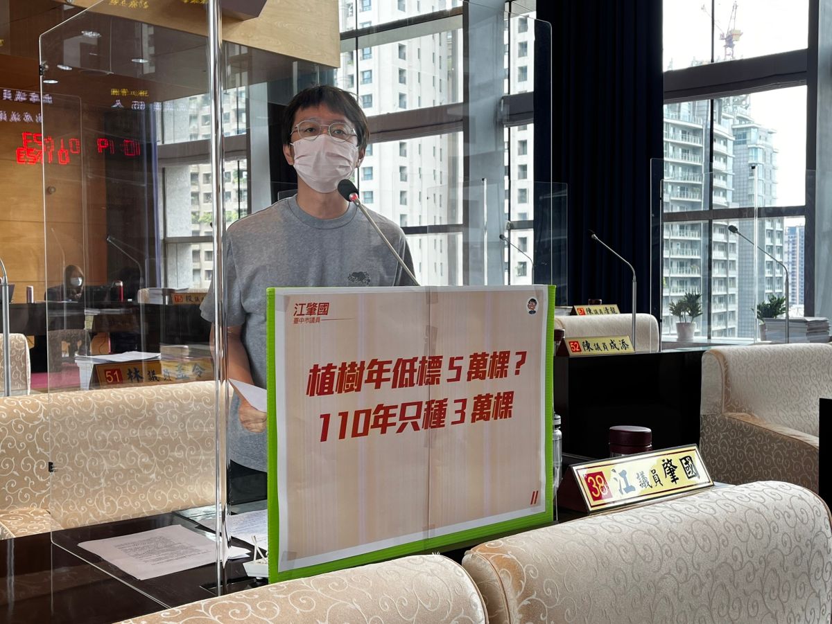 ▲議員江肇國質詢質疑，盧市府說好的種樹呢？顯然只是一場騙局？(圖／柳榮俊攝2022.5.17)