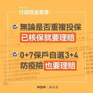 行政院長蘇貞昌表示,政府會嚴格要求保險業者依法、依約履行理賠責任,只要已核保、符合條件,民眾一定拿得到理賠金。(圖取自蘇貞昌臉書) ▲行政院長蘇貞昌表示,政府會嚴格要求保險業者依法、依約履行理賠責任,只要已核保、符合條件,民眾一定拿得到理賠金。(圖取自蘇貞昌臉書)