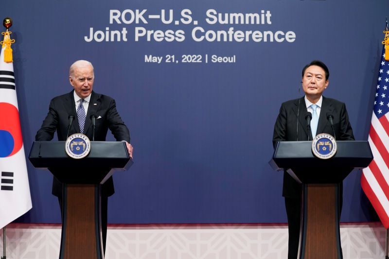 ▲美國總統拜登（Joe Biden）21日下午與韓國總統尹錫悅會談後，發表聯合聲明，談及印太繁榮關鍵與台海和平穩定。（圖／美聯社／達志影像）