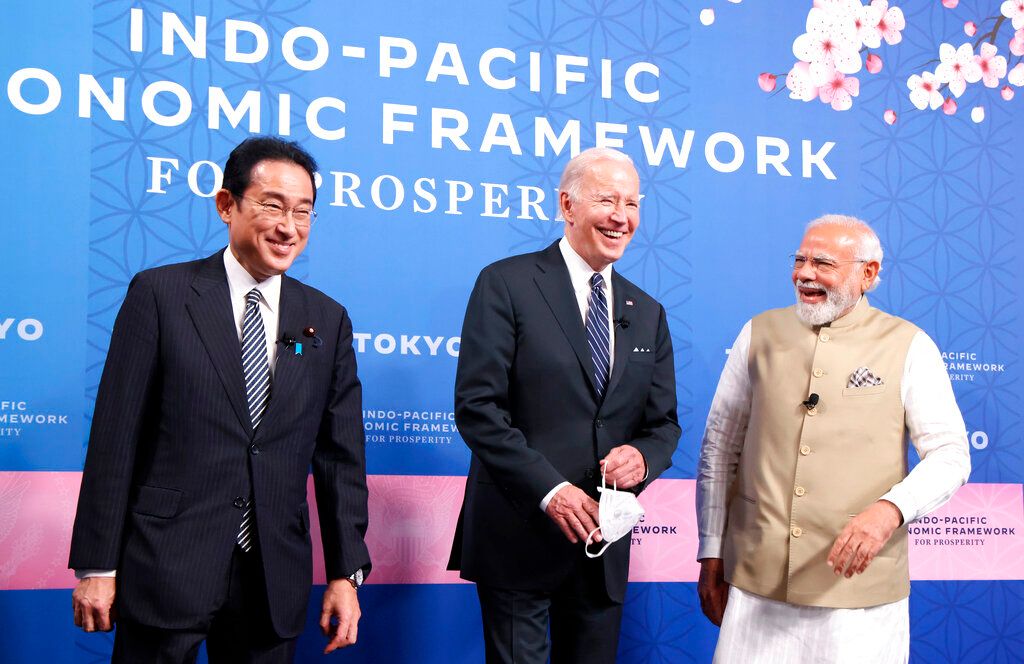 ▲日本首相岸田文雄、美國總統拜登和印度總理莫迪23日在東京出席印度太平洋經濟框架（IPEF）的啟動活動。（圖／美聯社）