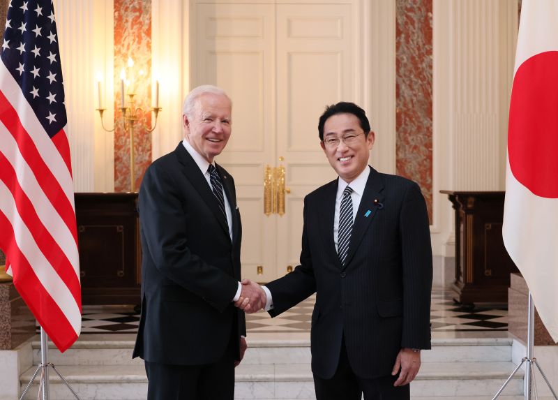 ▲訪問日本的美國總統拜登（左起）與日本首相岸田文雄舉行領袖會談。（圖／日本首相官邸）
