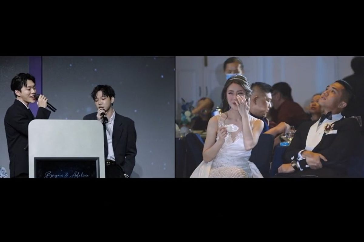 ▲新娘上傳婚禮當天，2位帥氣男閨蜜深情獻唱。（圖／截取自《蝴蝶姊姊》抖音）