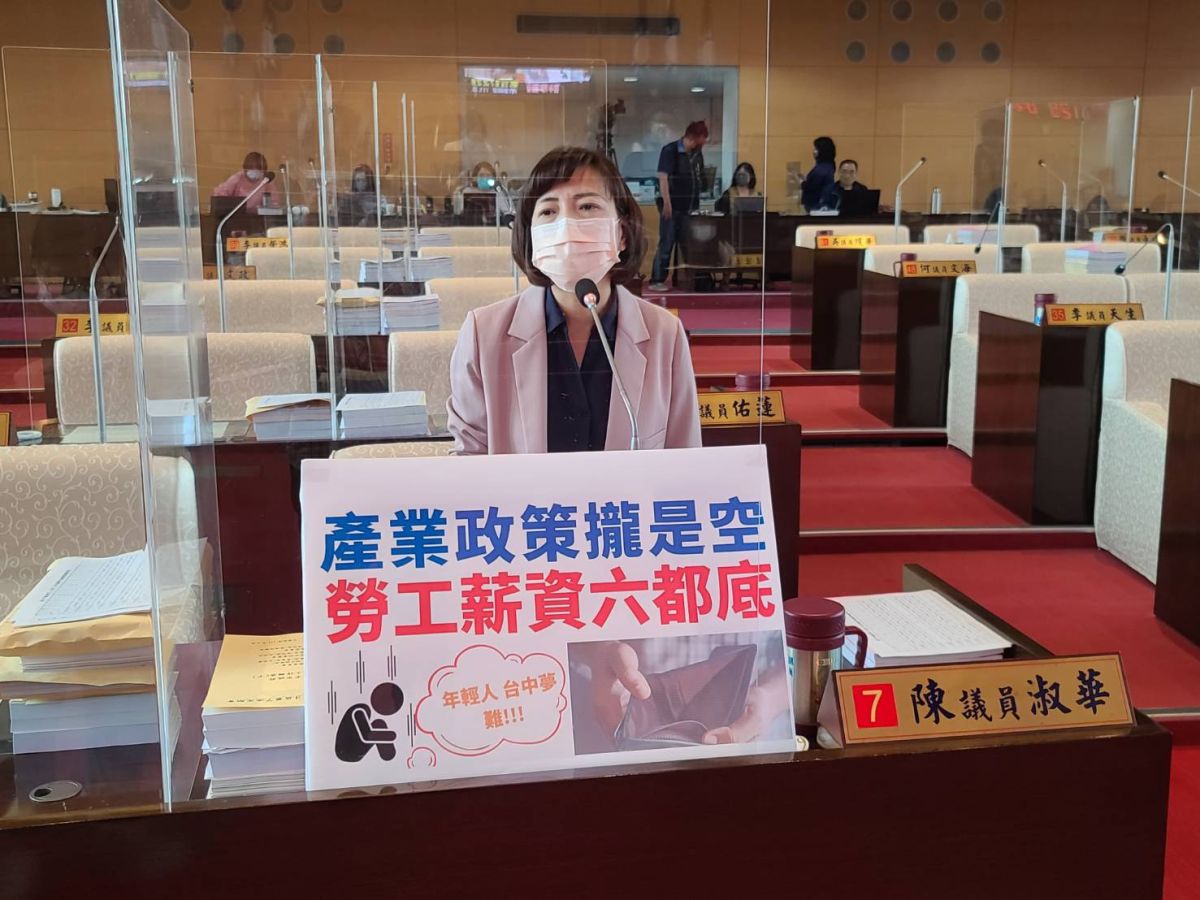 ▲市議員陳淑華質詢指出，台中市全年總薪資59.1萬元，六都墊底(圖／柳榮俊攝2022.5.25)