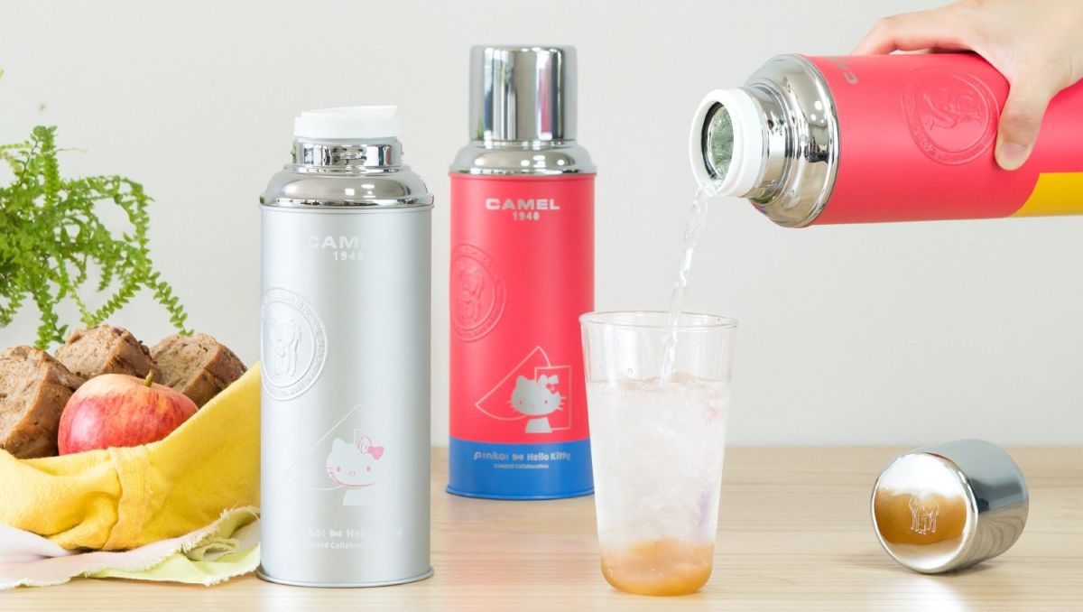 ▲設計購物網站Pinkoi和Hello Kitty推出聯名第三彈，首次和香港保溫瓶經典品牌駱駝牌CAMEL合作。（圖／業者提供）