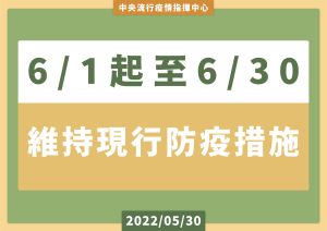 ▲指揮中心今（30）日宣布，6月1日至6月30日，維持現行防疫措施。（圖／指揮中心）