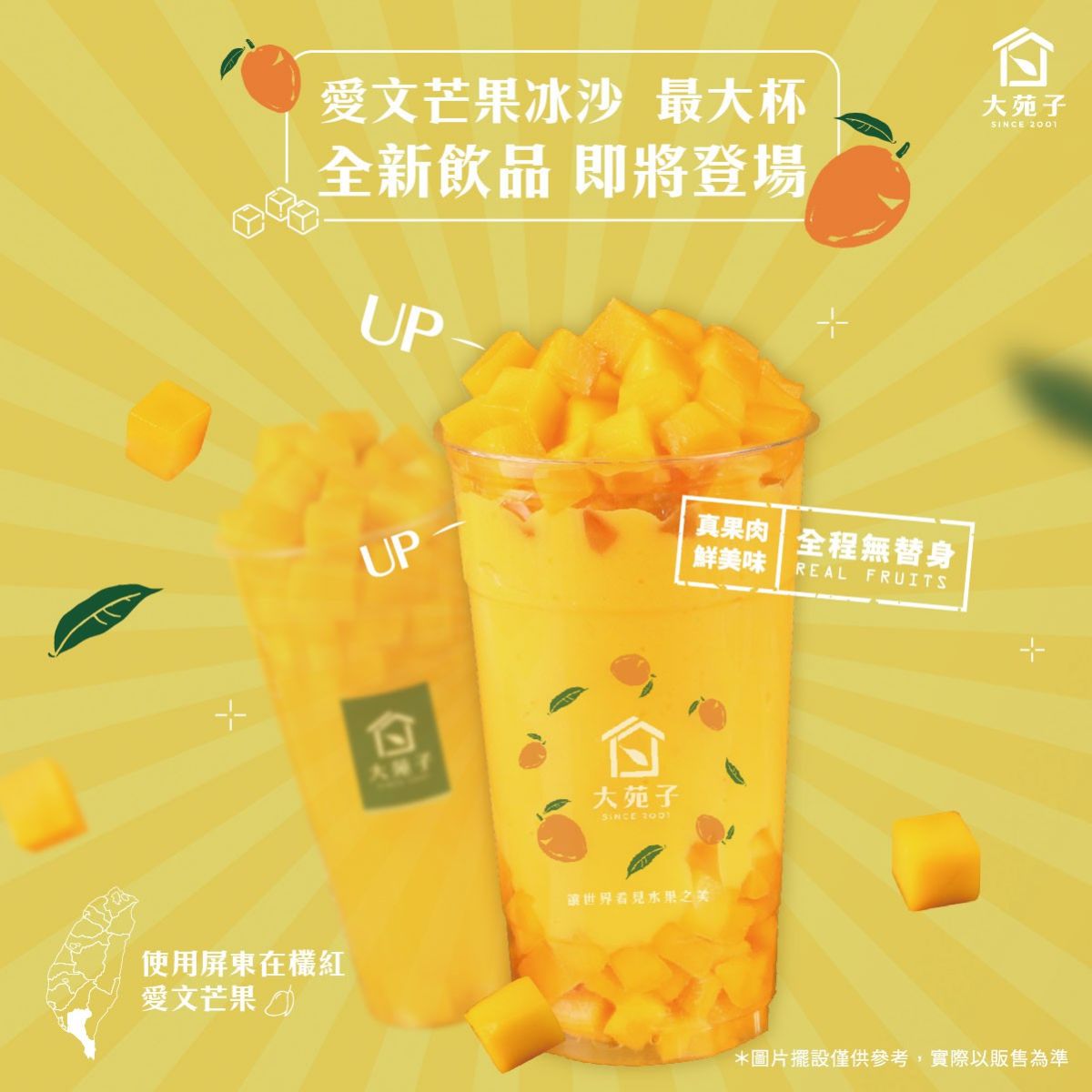 ▲史上最大杯1000cc「愛文芒果冰沙最大杯」，選用屏東枋山在欉紅愛文芒果製作，業者超狂表示「芒果就是要吃越多越好」。（圖／大苑子提供）