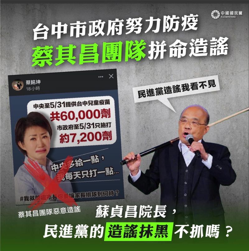 ▲國民黨粉專昨晚的圖卡,引爆台中兒童疫苗之亂新一波戰火。(圖/蔡其昌辦公室提供,2022.06.01)