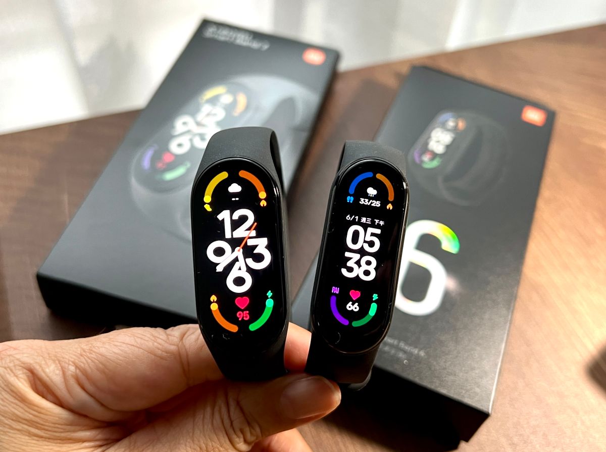 ▲小米手環7(圖左)正式在台開賣，售價1195元，相較於小米手環6(圖右)功能有不少進階。(圖／記者周淑萍攝)