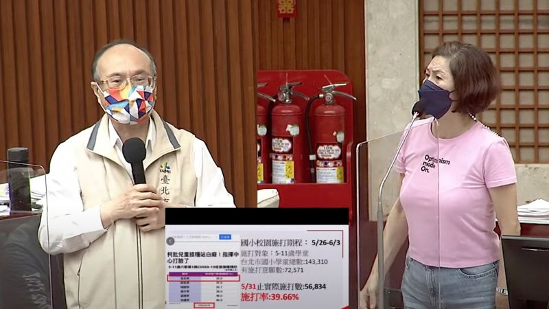 ▲針對兒童疫苗施打率低一事，台北市教育局長曾燦金（左）表示，是因為中央與北市府的統計方式不同所導致。（圖／翻攝北市議會直播系統）
