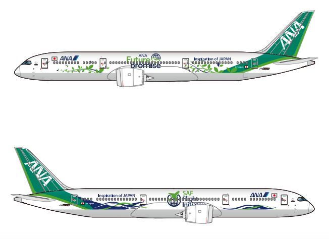 ▲ANA將兩架波音787飛機以「水與綠色」為設計主題進行特別塗裝,且預計分別營運於日本國內線及國際線。(圖/業者提供)