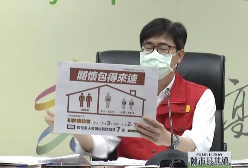 ▲市長陳其邁宣布，自明天起關懷包加發確診者1劑快篩，可於7天解隔前使用。（圖／高市府提供）