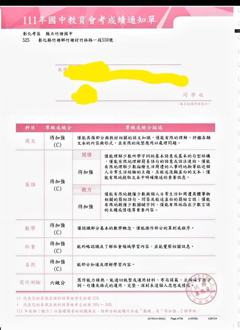 ▲彰化縣立竹塘國中一名詹同學會考五科目都沒及格,但作文卻拿了滿級分,引發討論。(圖/彰化縣立竹塘國中臉書)