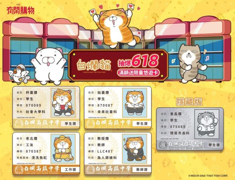 ▲有閑首度與亞洲知名IP白爛貓推出聯名限量版學生證悠遊卡。(圖/有閑購物提供)