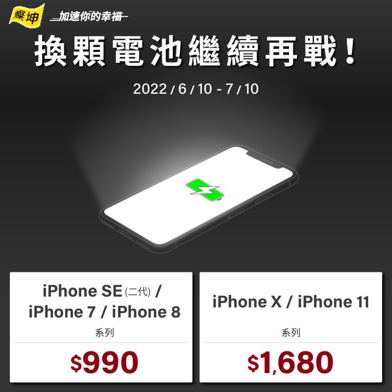 ▲即日起到7/10至燦坤更換iPhone SE (二代)、 iPhone 7 系列、 iPhone 8 系列等手機的電池，原價 1,490元，特價 990元。(圖／翻攝燦坤FB)