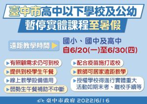 ▲台中市宣佈暫停實體課程，一路銜接暑假。（圖／台中市政府提供，2022.06.16）
