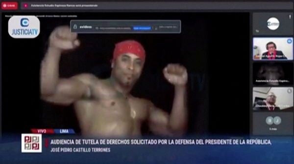 ▲秘魯總統卡斯蒂略（Pedro Castillo）的線上聽證會突然跳出米洛斯跳舞影片。（圖／翻攝自推特）