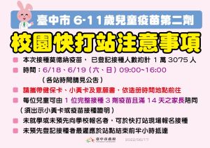 好康又來啦!台中長者打第4劑 送快篩4劑+500元禮券 ▲台中市明後天的校園快打站,將為1萬多學童接種莫德納第2劑疫苗。(圖/台中市政府提供,2022.06.17)