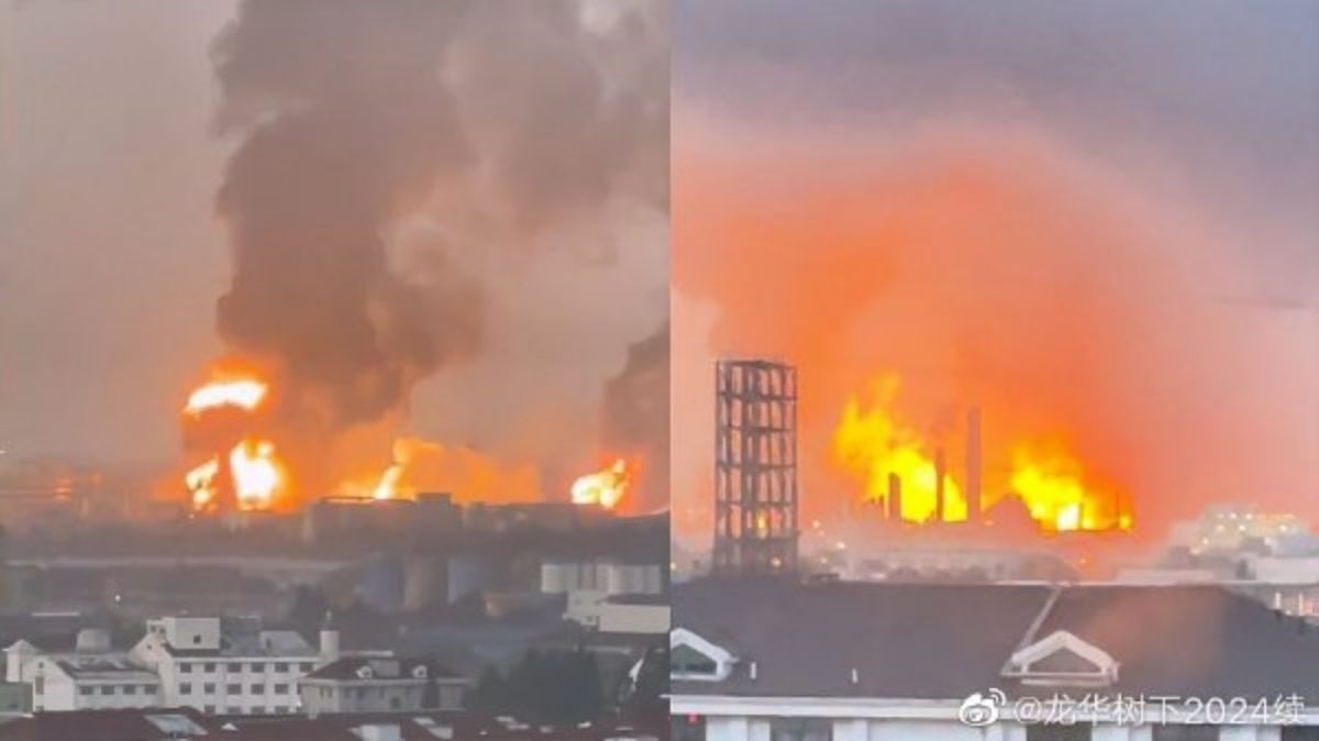 ▲上海一處石化公司廠區，18日凌晨驚傳大火，紅色火光照亮尚暗的天色。（圖／翻攝自微博）